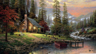 Cabin river boat dock painting - edward lamson henry free wallpaper