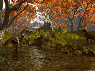 Dinosaurs forest trees grass background - neoprimitivism free wallpaper