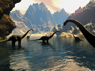 Dinosaurs swimming water mountains sky - massurrealism free wallpaper