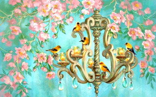 Chandelier birds flowers wall candles - a chandelier free wallpaper