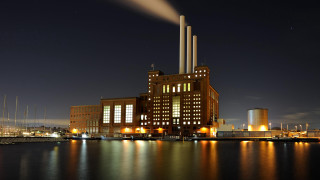 Factory night smokestack boats water - a matte painting free wallpaper