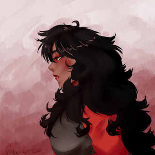 Woman blackhair reddress redbackground digitalart - her chest free wallpaper for tablet