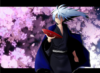 Bluehair man redplate purplebackground flowers - blue hair holding free wallpaper for desktop