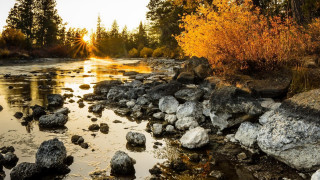 River rocks trees sunset sunrise - a sunbeam in the distance free wallpaper