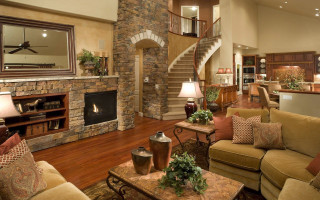Living room stone fireplace spiral - warm free wallpaper