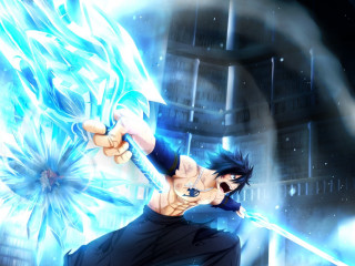 Man sword blue flame building - his hand free wallpaper for desktop