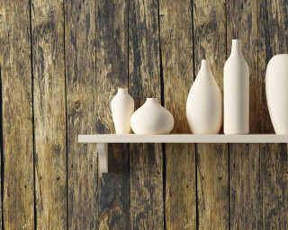 Shelf white vases wooden wall - high detail 8 k free wallpaper for desktop