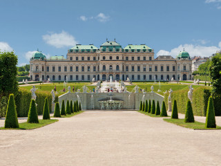 Fountain building trees walkway panorama - a walkway free wallpaper