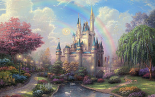 Castle rainbow sky river painting - a painting of a castle free wallpaper