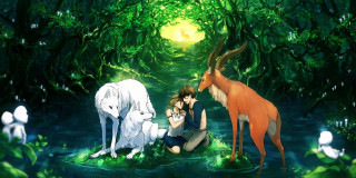 Animals forest woman sitting next - ghibli free wallpaper
