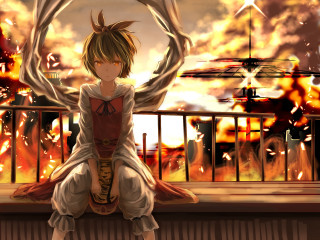 Girl sitting ledged fire helicopter - a ledge in front free wallpaper
