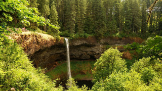 Waterfall cliff woods trees man - the edge free wallpaper