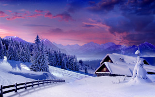 Snowy mountain cabin fence pink - in the foreground free wallpaper
