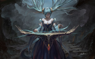 Woman blue hair wings table - head and a sword free wallpaper