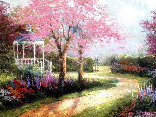 Gazebo garden blooming flowers trees 2 - a pointillism painting free wallpaper