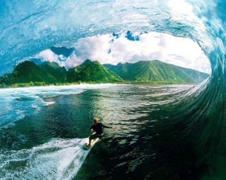 Man riding wave surfboard ocean 12 - fisheye len free wallpaper