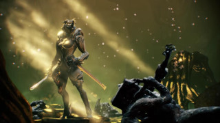 Man armor demon cave sword - his hand and a demon in the background free wallpaper