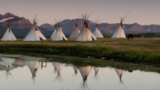 Teepees river field mountains horse - symmetrical balance free wallpaper