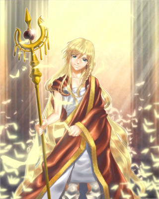 Woman white dress golden staff - golden free wallpaper for mobile