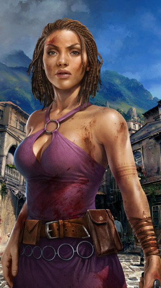 Woman purple dress gun city - a mountain in the background and a sky free wallpaper