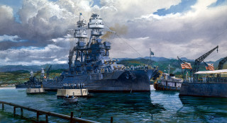 Battleship ship cloudy sky dock - matte drawing free wallpaper for desktop