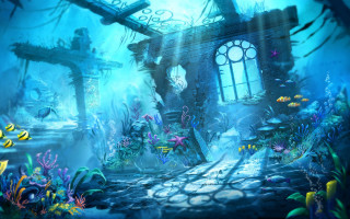 Underwater castle fish pond background - a painting free wallpaper