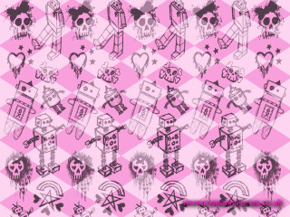 Pink black checkered skulls hearts - robot free wallpaper