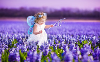 Little girl purple flowers butterfly - little free wallpaper