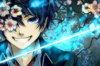 Man blue hair sword flowers - his hair free wallpaper