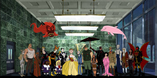 Group people hallway umbrellas costumes - a hallway free wallpaper