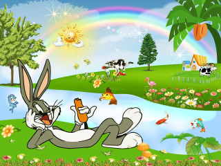 Cartoon rabbit sitting grass rainbow - charles martin free wallpaper