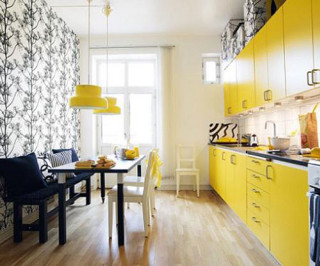 Yellow cabinets kitchen table chairs - vibrant color scheme free wallpaper