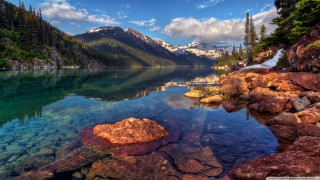 Lake mountains trees blue sky 36 - mountain and trees free wallpaper