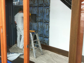 Man ladder blue door room - oil free wallpaper