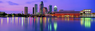 City skyline lake buildings night - a purple sky free wallpaper
