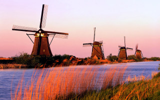 Windmills river sunset dawn clouds - flemish free wallpaper for desktop