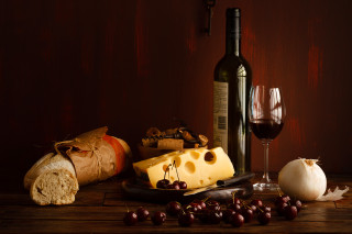 Wine bottle glass cheese grapes - renaissance free wallpaper