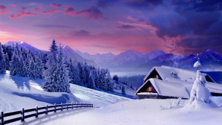 Snowy mountain cabin sunset clouds - beautiful landscape free wallpaper for desktop
