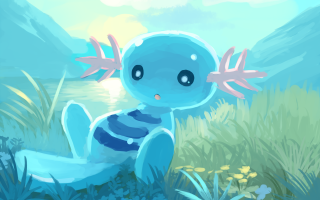 Blue cartoon character grass flowers - soft painting free wallpaper