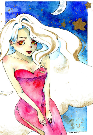 Woman pink dress moon blue - a watercolor painting free wallpaper for mobile