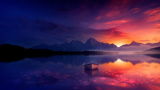 Boat lake sunset mountains pink - a still lake free wallpaper