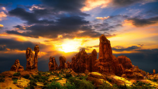 Sunset rocky landscape trees clouds - a few tree free wallpaper