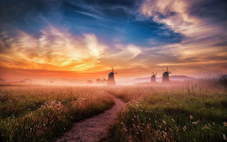Windmills sunset foggy field trail - a windmill free wallpaper