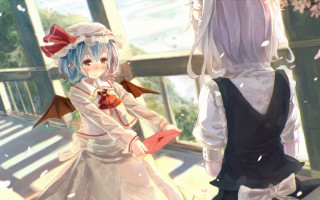 Anime girls flower window blue - a building in the background free wallpaper