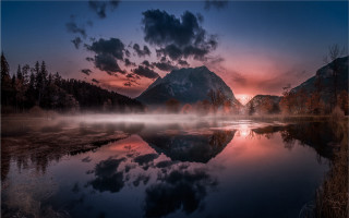 Mountain lake sunset clouds forest 5 - a lake in the foreground and a sunset in the background free wallpaper