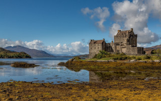 Castle lake mountains green field - david paton free wallpaper