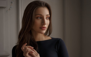 Woman longhair room window looking - perfect face free wallpaper