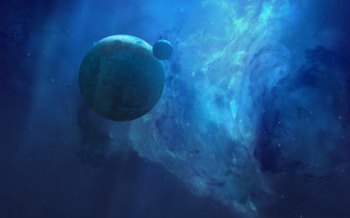 Blue planet stars clouds aurora - two smaller planet free wallpaper