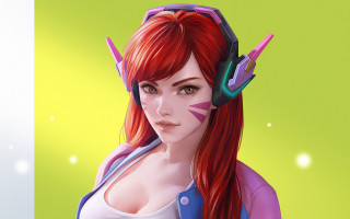 Redhair headphones whitegreen yellow bg - headphone free wallpaper for desktop