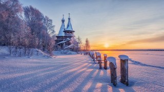 Church snowyfield sunset fence naiveart - a sunset in the background free wallpaper for desktop